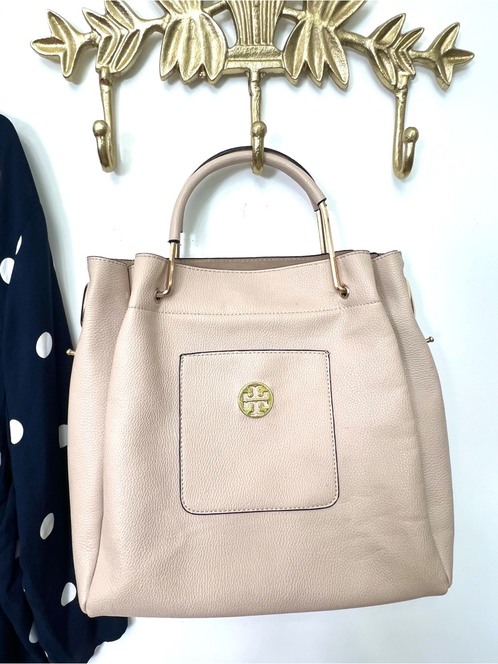 Light Pink/nude Leather Top-Handle Tote with gold